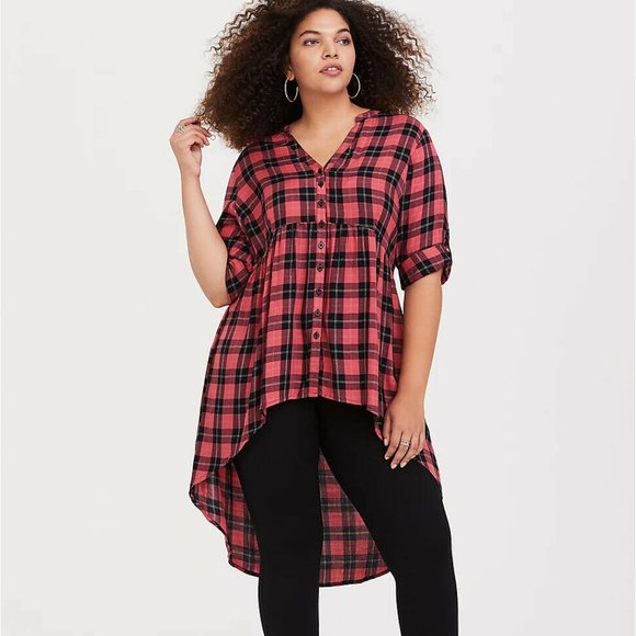 torrid Tops - Torrid Lexie Plaid Hi-Lo Challis Tunic Red Black Women's Plus Size 3 3X H11863